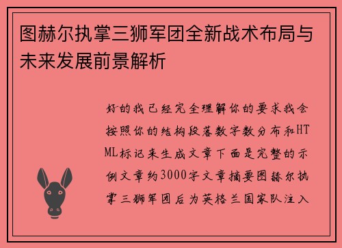 图赫尔执掌三狮军团全新战术布局与未来发展前景解析