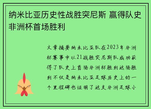 纳米比亚历史性战胜突尼斯 赢得队史非洲杯首场胜利